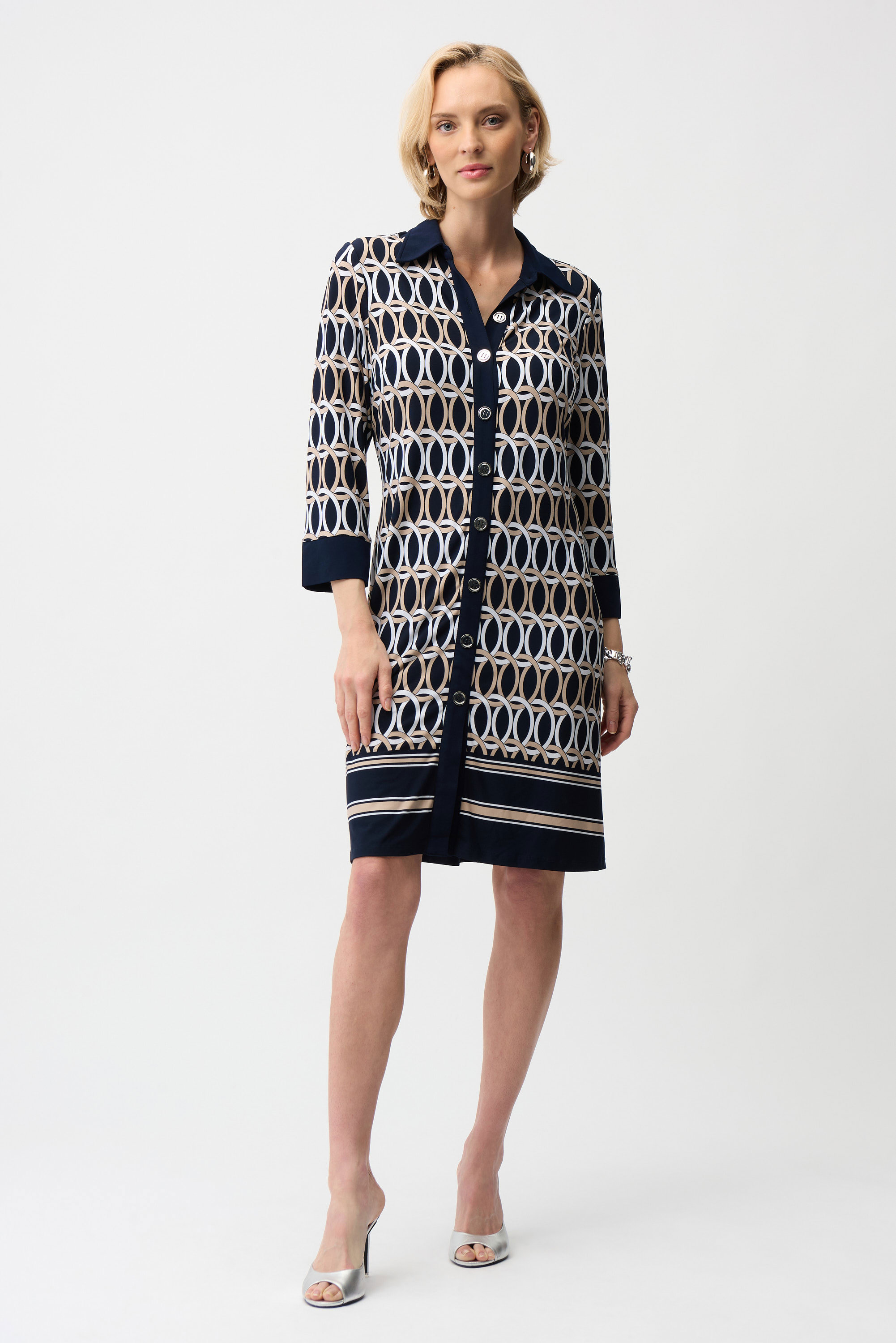 Robe chemisier trapèze en tricot soyeux à imprimé géométrique Joseph Ribkoff Robe chemisier trapèze en tricot soyeux à imprimé géométrique Joseph Ribkoff