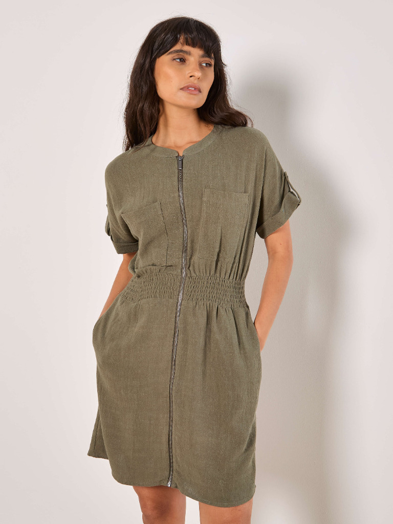 Robe en lin mélangé zip et taille élastiquée Apricot 949508