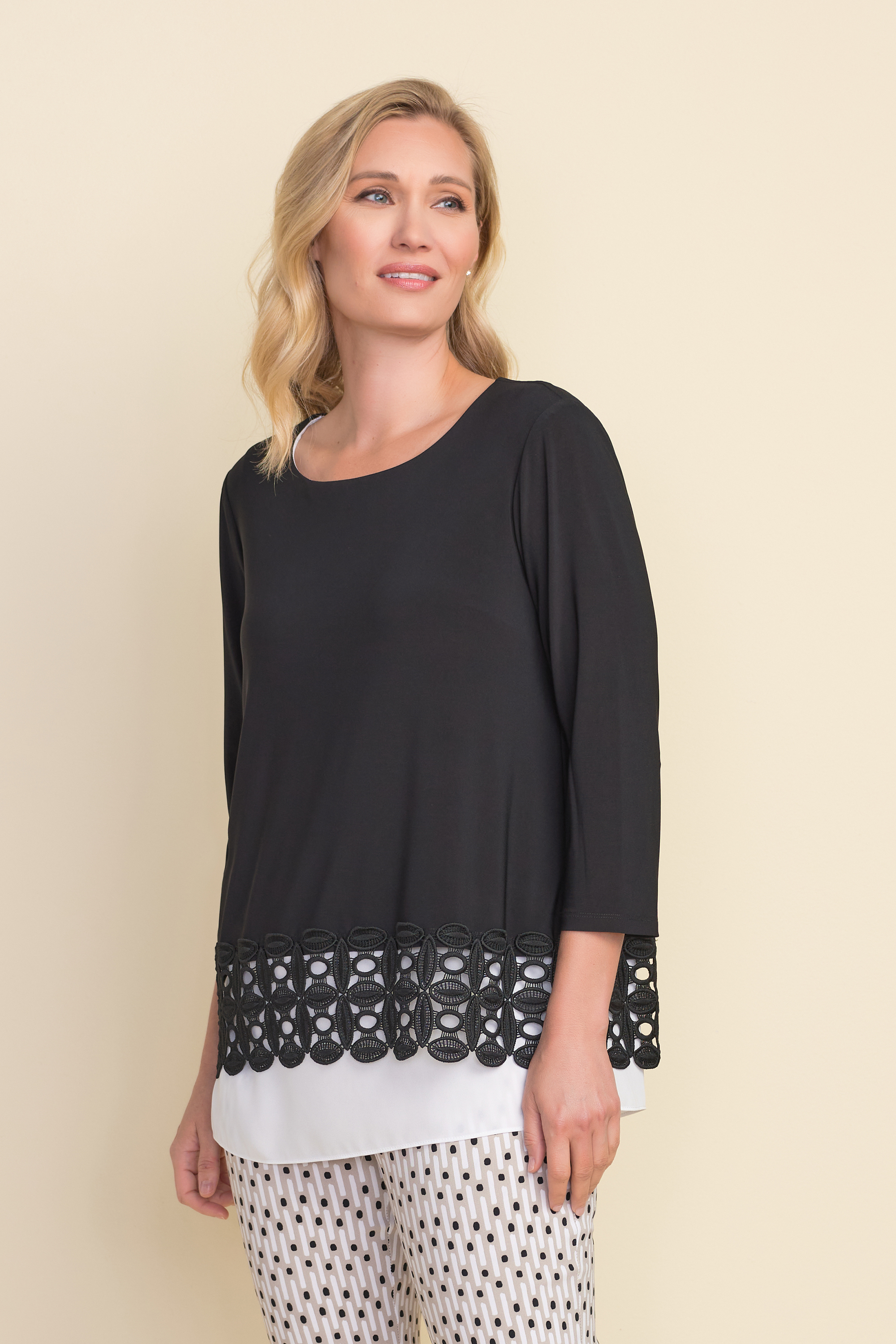 Haut à ourlet crocheté Joseph Ribkoff 212110 Noir/OffWhite